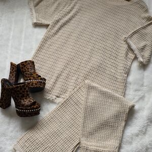 Cream Collared Jumpsuit with Pinstripe Pattern